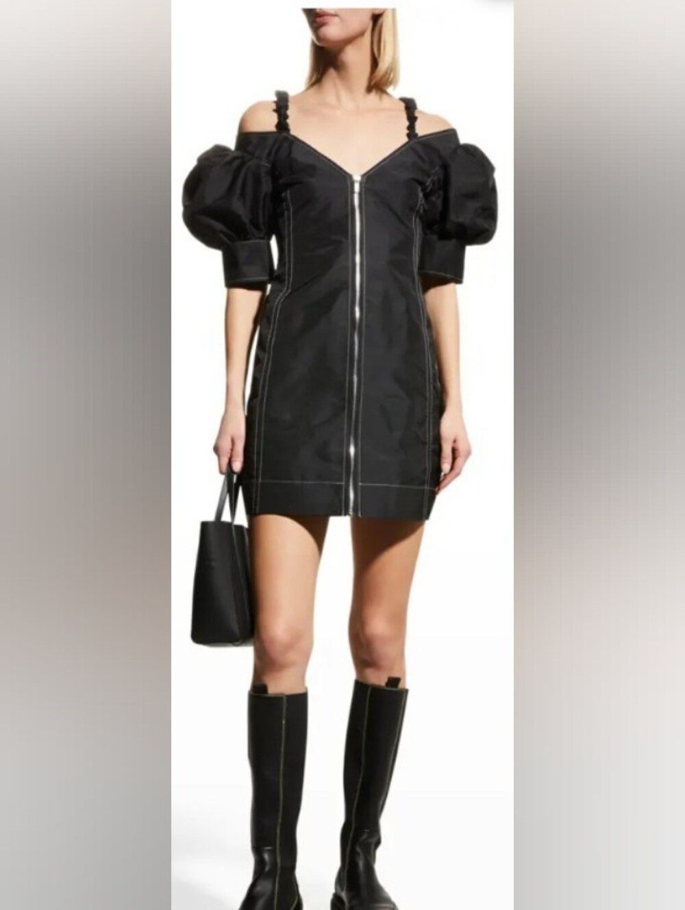 Ganni Black Taffeta Puff-Shoulder Mini Dress.